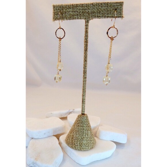 Yellow Quartz Cube Gemstone 14k Yellow Gold Fill Drop Earrings OOAK - Picture 3 of 7